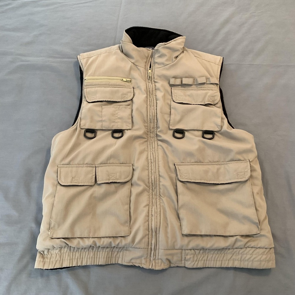 Fourcast Vest Mens XL Beige Canvas Puffer Utility‎ Outdoor Zip Pockets Fishing